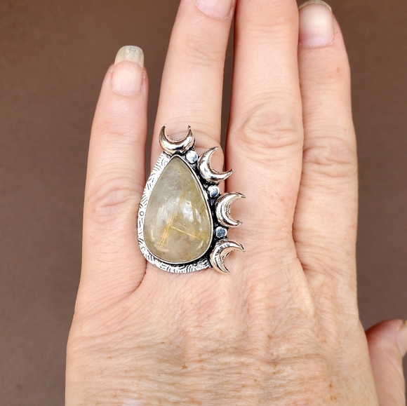 New Witchy Golden Rutile Multi Horned Crescent Moon 925 Silver Ring. - Picture 5 of 12